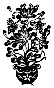 中式花卉剪纸花瓶图案