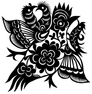 传统剪纸双鸟花卉图案