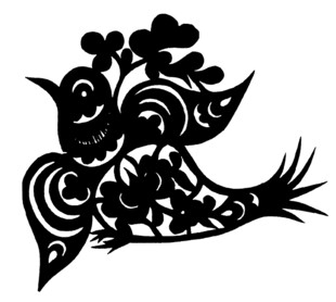 剪纸风格的双鸟花卉图案