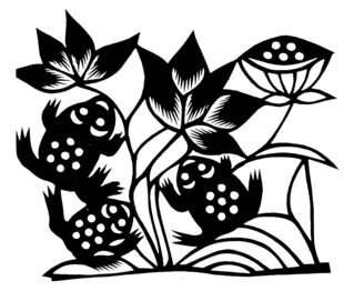 黑白剪纸风青蛙花卉图案