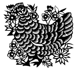 黑白剪纸风的花卉母鸡图