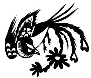 剪纸风格的飞鸟与花朵
