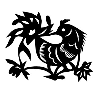 剪纸艺术公鸡与花卉图案