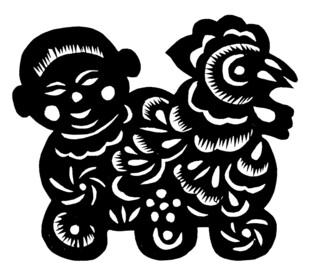 儿童与公鸡剪纸艺术
