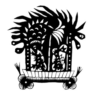 热带植物装饰手推车剪纸图案