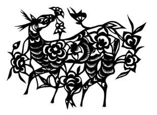 传统剪纸风的双鸟花卉图案