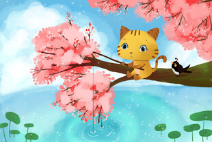 猫咪栖于盛开樱花枝头