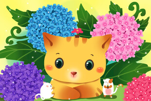 可爱小猫与缤纷绣球花