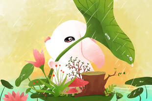 白兔置身花草绿叶间
