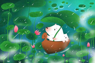 雨中萌鼠乘椰舟赏荷