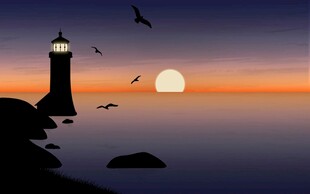 黄昏灯塔海景图