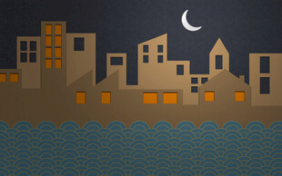夜晚海滨城市建筑景观