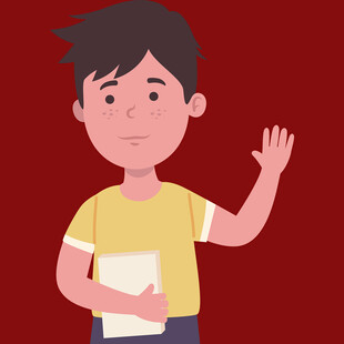 挥手男孩手持书本