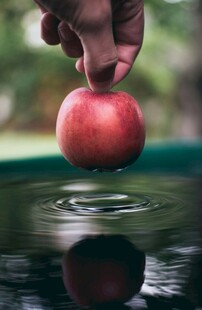 手悬苹果于水面泛起涟漪