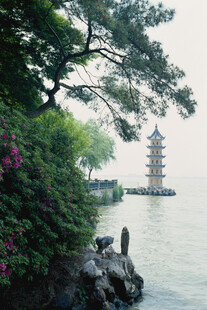 湖畔古塔旁的秀丽景致