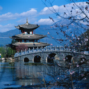 湖畔古桥楼阁春日美景