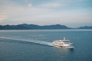 海上游船航行于山水间