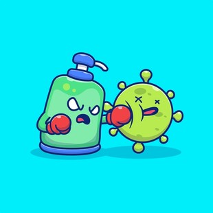 洗手液暴打病毒卡通插图