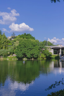 湖畔绿树石桥风景如画