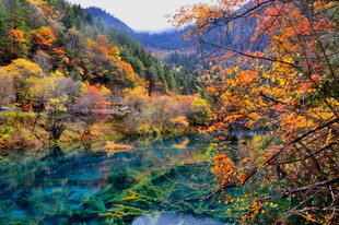 秋日斑斓山间的澄澈湖水