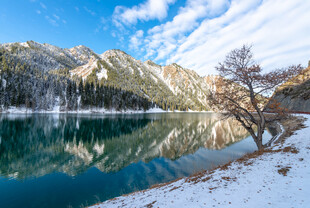 冬日湖畔雪山美景
