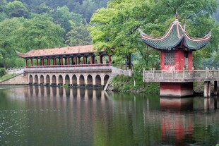 湖畔古亭映绿水