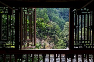 古窗窥景绿意盎然山林间