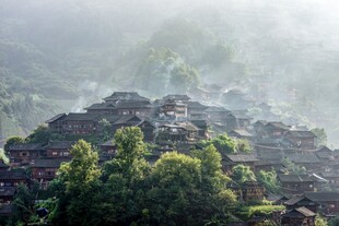 雾中村落绿意环绕的静谧景