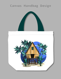 手绘小屋与棕榈树帆布袋