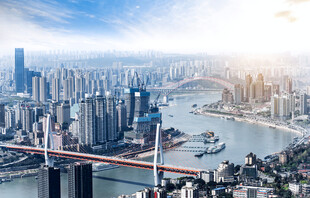 城市天际线与跨江大桥景观