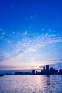 城市湖畔美丽黄昏天际线