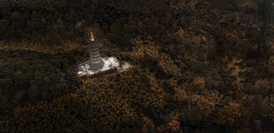 空中俯瞰山林中的白色建筑