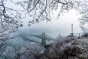 雾中湖畔桥景