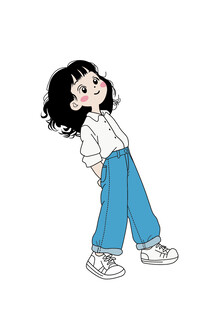 矢量白色衬衣蓝色牛仔裤长发女孩