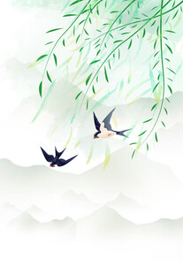 柳下双燕舞春景
