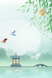 湖畔亭景飞鸟垂柳入画