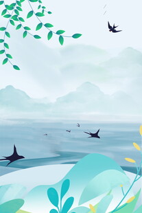 海边飞鸟与绿植风景图
