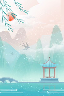 湖畔亭景水墨山水意境