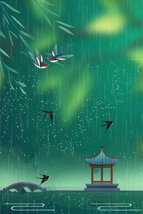 雨中湖畔亭景飞鸟相伴