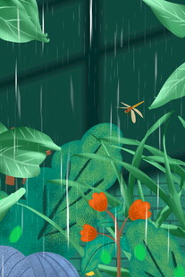 雨中绿植间的橙花与蜻蜓