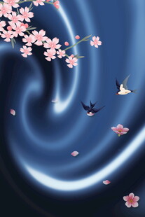 梦幻樱花与飞鸟的夜空