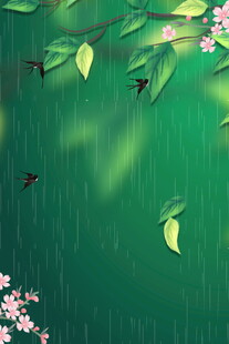 雨中绿叶繁花间飞鸟