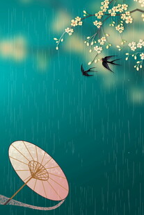 古风雨中油纸伞与飞鸟