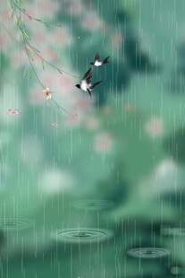 雨中飞鸟于繁花绿水间