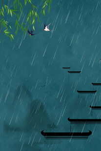 雨中江面小船与飞鸟景象