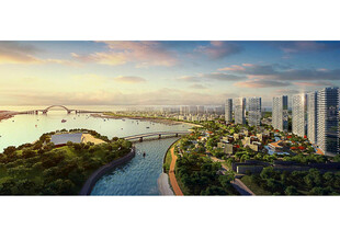 城市河畔风光全景图