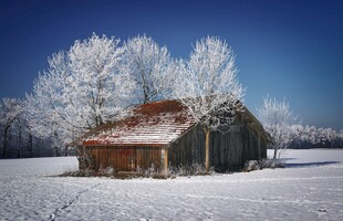 雪覆旧农舍