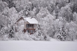 雪覆山林中的温馨小屋