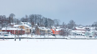 冬日雪覆小镇湖畔美景