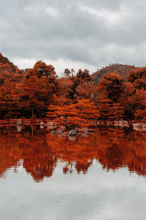 秋日湖景红叶倒映